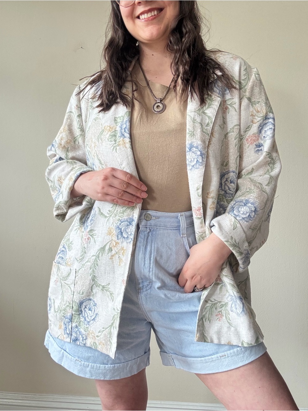 Vintage Joanna Floral Pastel Linen-Blend Blazer - Light Blue & Cream